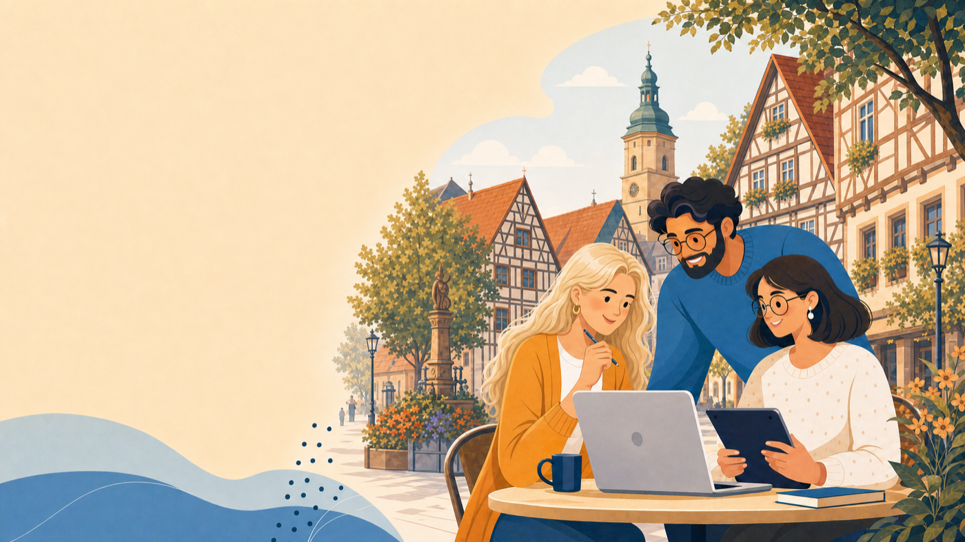 Illustration: Menschen lernen gemeinsam für den Englisch-Einstufungstest
